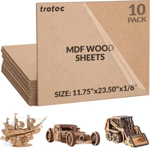 23.5"x11.75"x1/8" Trotec MDF Wood Sheet 10-Pack - Furniture-Grade, Laserable & Engravable, Smooth Finish, High-Density Fiber, Perfect for Detailed Cutting, Model Making & Crafts