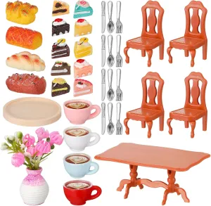 25 Pieces Dollhouse Tea Party Accessories Set Include 5 Dining-Table and Chair Sets 4 Bread Coffee and Knives Forks Plates Sets Dollhouse Accessories to Host a Tea Party Food Dessert Gifts