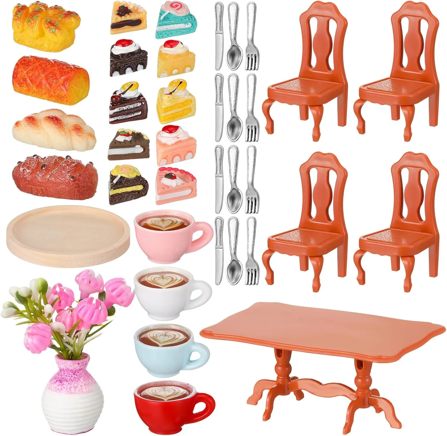 25 Pieces Dollhouse Tea Party Accessories Set Include 5 Dining-Table and Chair Sets 4 Bread Coffee and Knives Forks Plates Sets Dollhouse Accessories to Host a Tea Party Food Dessert Gifts