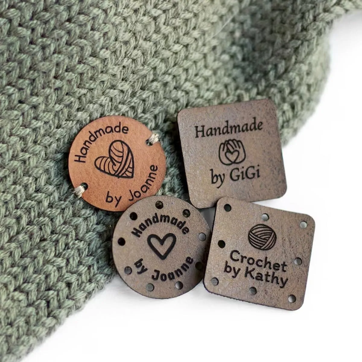 25pcs Personalized Handmade Leather Labels, Knitted Sewing Labels, Custom Text/Logos/Patterns, Handmade Product Labels for Hats Scarves, 1in