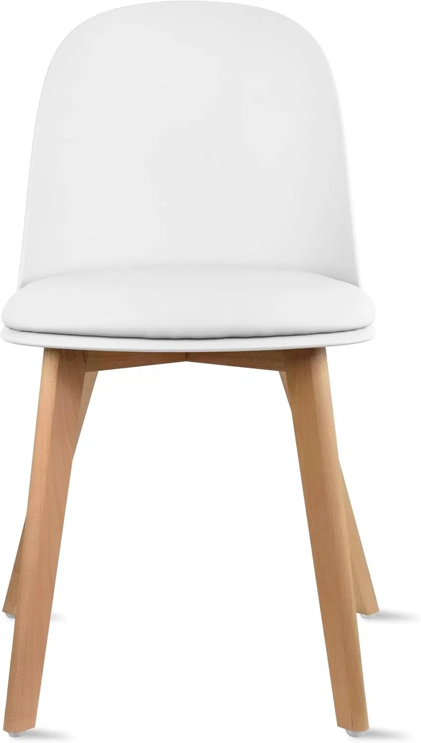 2xhome Set of 4 Modern Stackable Armless Dining Chairs | Plastic Shell with PU Leather Cushion Padded Seat and Wooden Legs | Indoor or Outdoor Use | Home Kitchen Patio, White