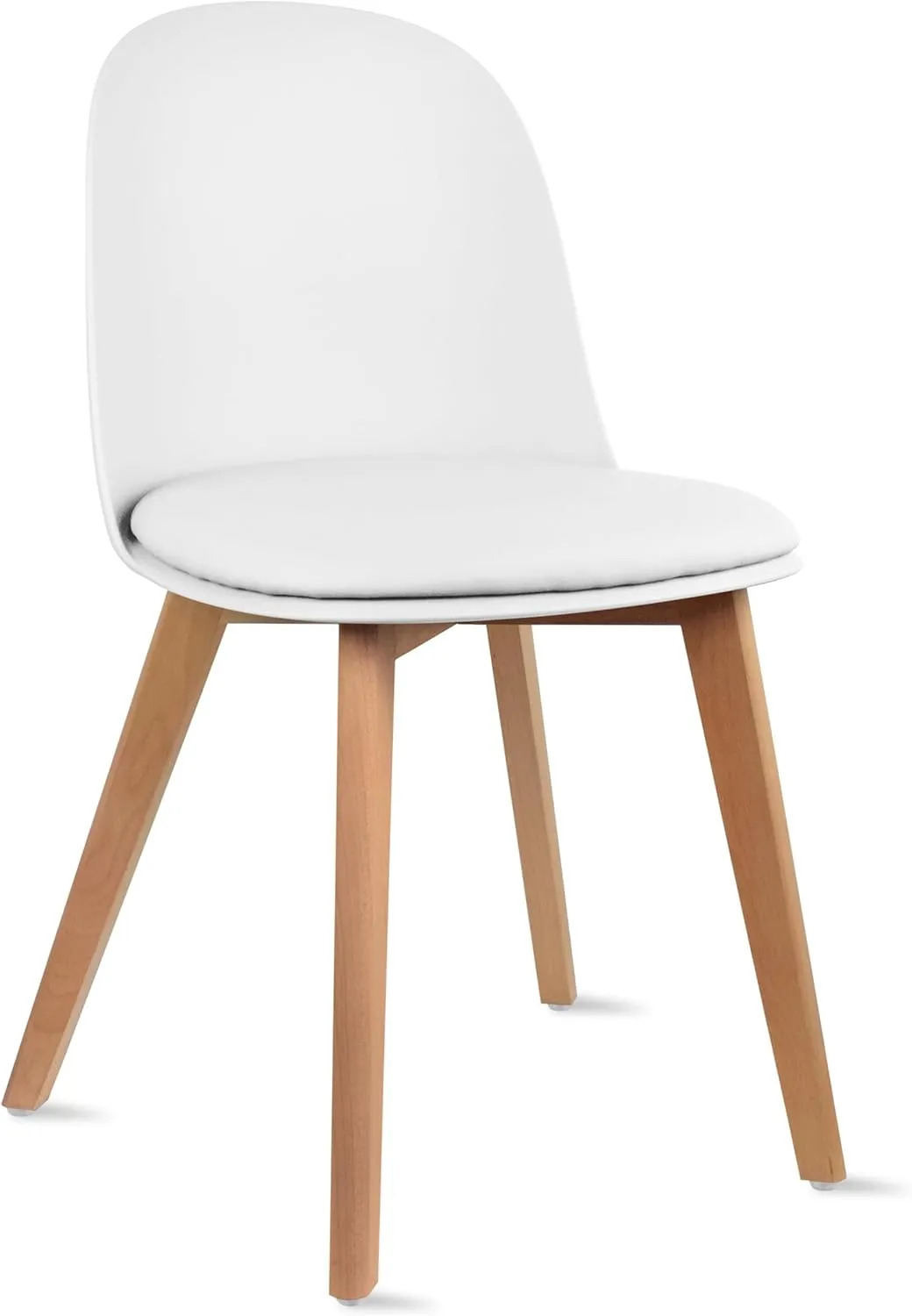2xhome Set of 4 Modern Stackable Armless Dining Chairs | Plastic Shell with PU Leather Cushion Padded Seat and Wooden Legs | Indoor or Outdoor Use | Home Kitchen Patio, White