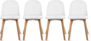 2xhome Set of 4 Modern Stackable Armless Dining Chairs | Plastic Shell with PU Leather Cushion Padded Seat and Wooden Legs | Indoor or Outdoor Use | Home Kitchen Patio, White