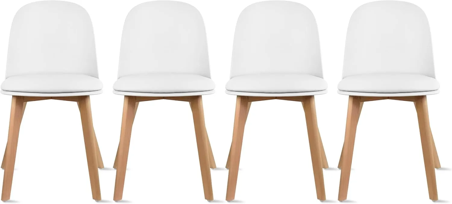 2xhome Set of 4 Modern Stackable Armless Dining Chairs | Plastic Shell with PU Leather Cushion Padded Seat and Wooden Legs | Indoor or Outdoor Use | Home Kitchen Patio, White