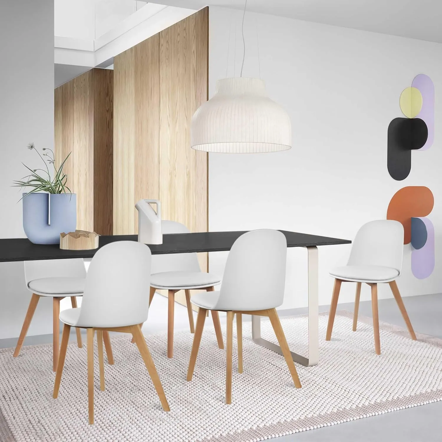 2xhome Set of 4 Modern Stackable Armless Dining Chairs | Plastic Shell with PU Leather Cushion Padded Seat and Wooden Legs | Indoor or Outdoor Use | Home Kitchen Patio, White