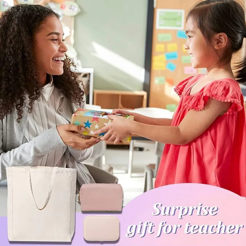 3-In-1 Beaching Not Teaching Canvas Tote Bag Grocery Reusable Handbags Jewelry Box and Makeup Bag Set For Teacher Gift