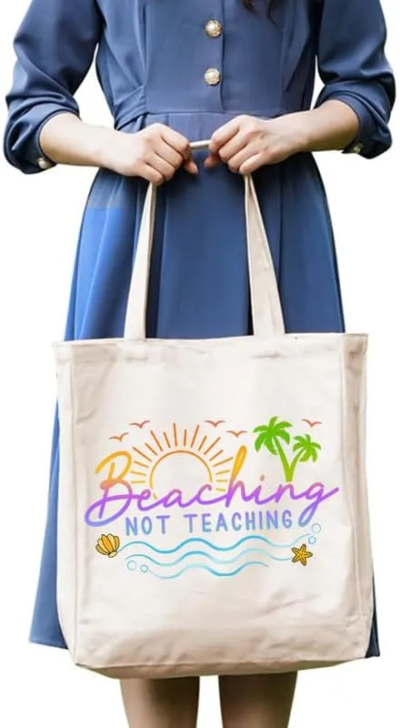 3-In-1 Beaching Not Teaching Canvas Tote Bag Grocery Reusable Handbags Jewelry Box and Makeup Bag Set For Teacher Gift
