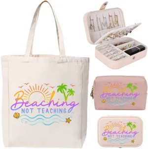 3-In-1 Beaching Not Teaching Canvas Tote Bag Grocery Reusable Handbags Jewelry Box and Makeup Bag Set For Teacher Gift