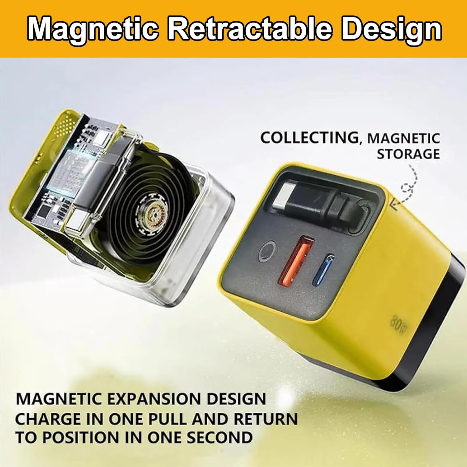 3 in 1 Gan Charger, Scalable 80w Max Fast Charger Module with Type-C Cable and 2 USB Ports, Retractable All in One Chargers, Phone Charger Wall Plug for Phone and Laptops (Yellow Green, 2pcs)