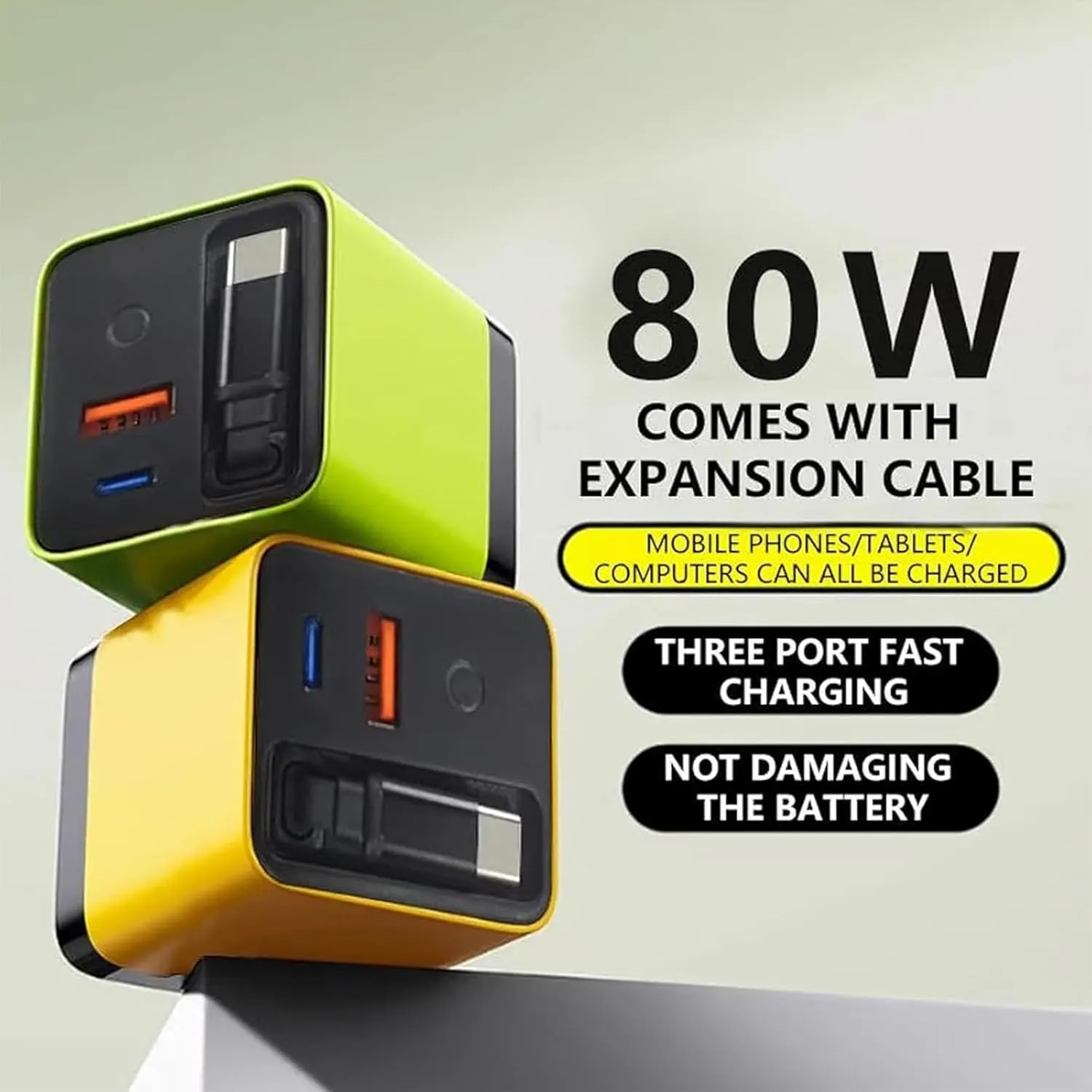 3 in 1 Gan Charger, Scalable 80w Max Fast Charger Module with Type-C Cable and 2 USB Ports, Retractable All in One Chargers, Phone Charger Wall Plug for Phone and Laptops (Yellow Green, 2pcs)