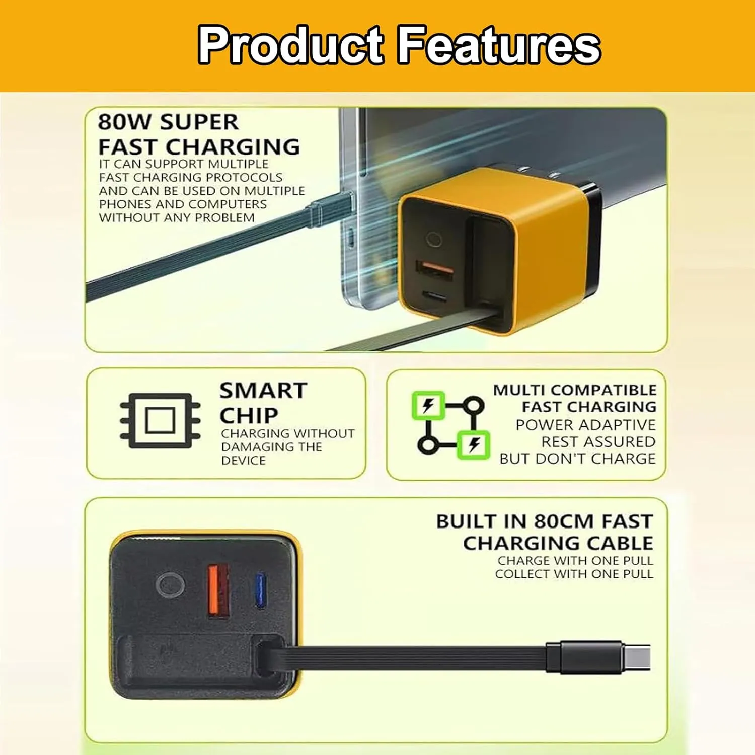 3 in 1 Gan Charger, Scalable 80w Max Fast Charger Module with Type-C Cable and 2 USB Ports, Retractable All in One Chargers, Phone Charger Wall Plug for Phone and Laptops (Yellow Green, 2pcs)