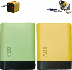 3 in 1 Gan Charger, Scalable 80w Max Fast Charger Module with Type-C Cable and 2 USB Ports, Retractable All in One Chargers, Phone Charger Wall Plug for Phone and Laptops (Yellow Green, 2pcs)