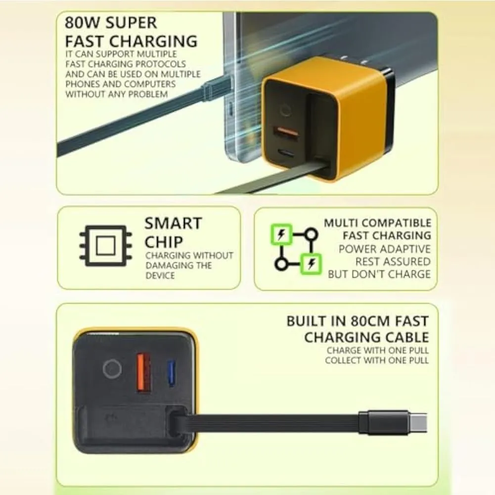 3 In 1 Gan Charger, Scalable 80w Max, Fast Charger Module With Type-C Cable and 2 Usb Ports, Retractable Phone Chargers Wall Plug, 80w Chargers Travel Dual Port with Six Magnetic Cable Holders(YELLOW-