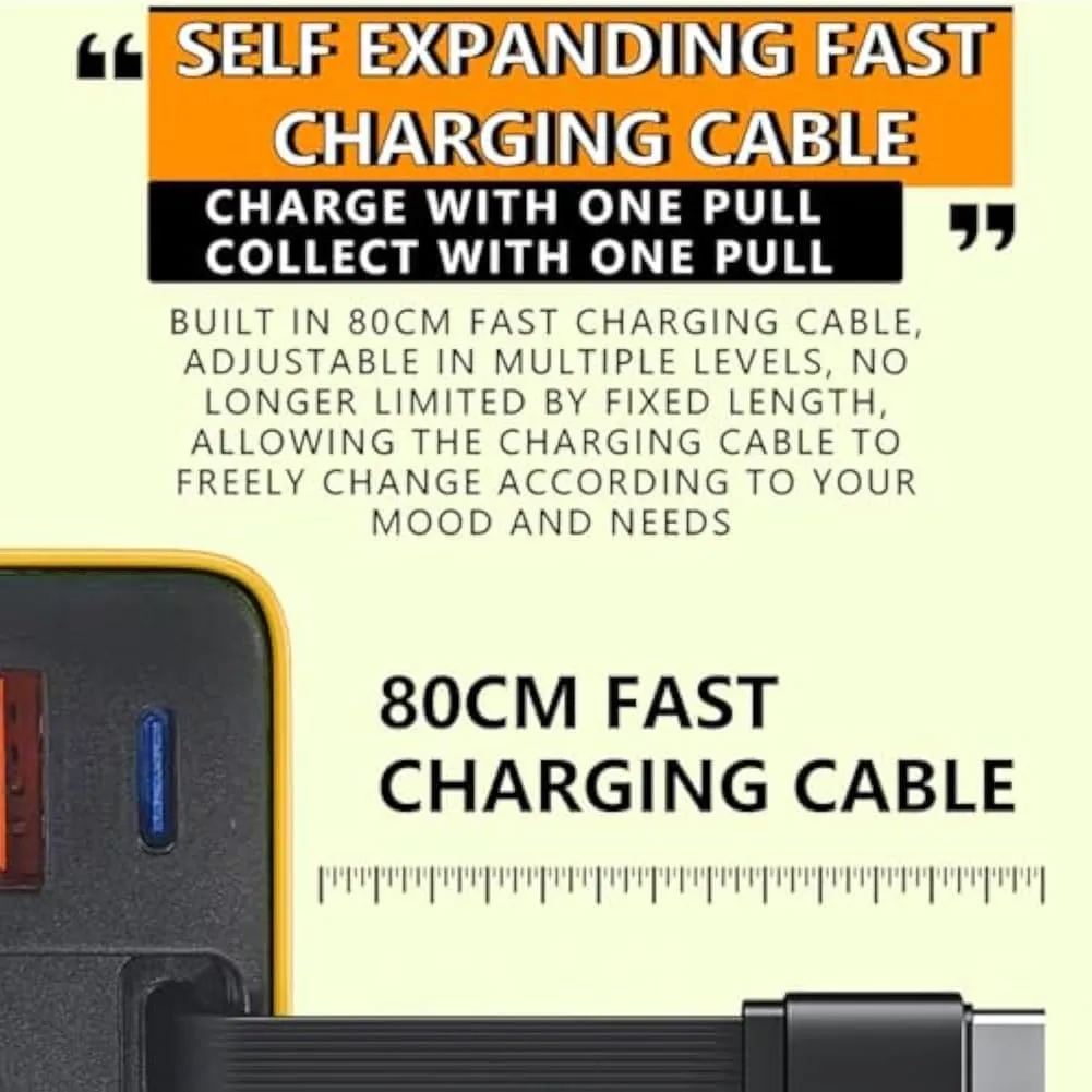 3 In 1 Gan Charger, Scalable 80w Max, Fast Charger Module With Type-C Cable and 2 Usb Ports, Retractable Phone Chargers Wall Plug, 80w Chargers Travel Dual Port with Six Magnetic Cable Holders(YELLOW-