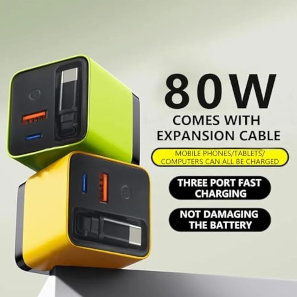 3 In 1 Gan Charger, Scalable 80w Max, Fast Charger Module With Type-C Cable and 2 Usb Ports, Retractable Phone Chargers Wall Plug, 80w Chargers Travel Dual Port with Six Magnetic Cable Holders(YELLOW-