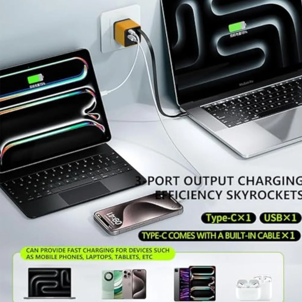 3 In 1 Gan Charger, Scalable 80w Max, Fast Charger Module With Type-C Cable and 2 Usb Ports, Retractable Phone Chargers Wall Plug, 80w Chargers Travel Dual Port with Six Magnetic Cable Holders(YELLOW-