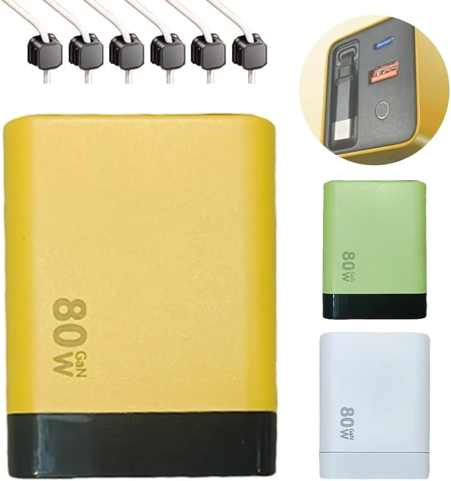 3 In 1 Gan Charger, Scalable 80w Max, Fast Charger Module With Type-C Cable and 2 Usb Ports, Retractable Phone Chargers Wall Plug, 80w Chargers Travel Dual Port with Six Magnetic Cable Holders(YELLOW-