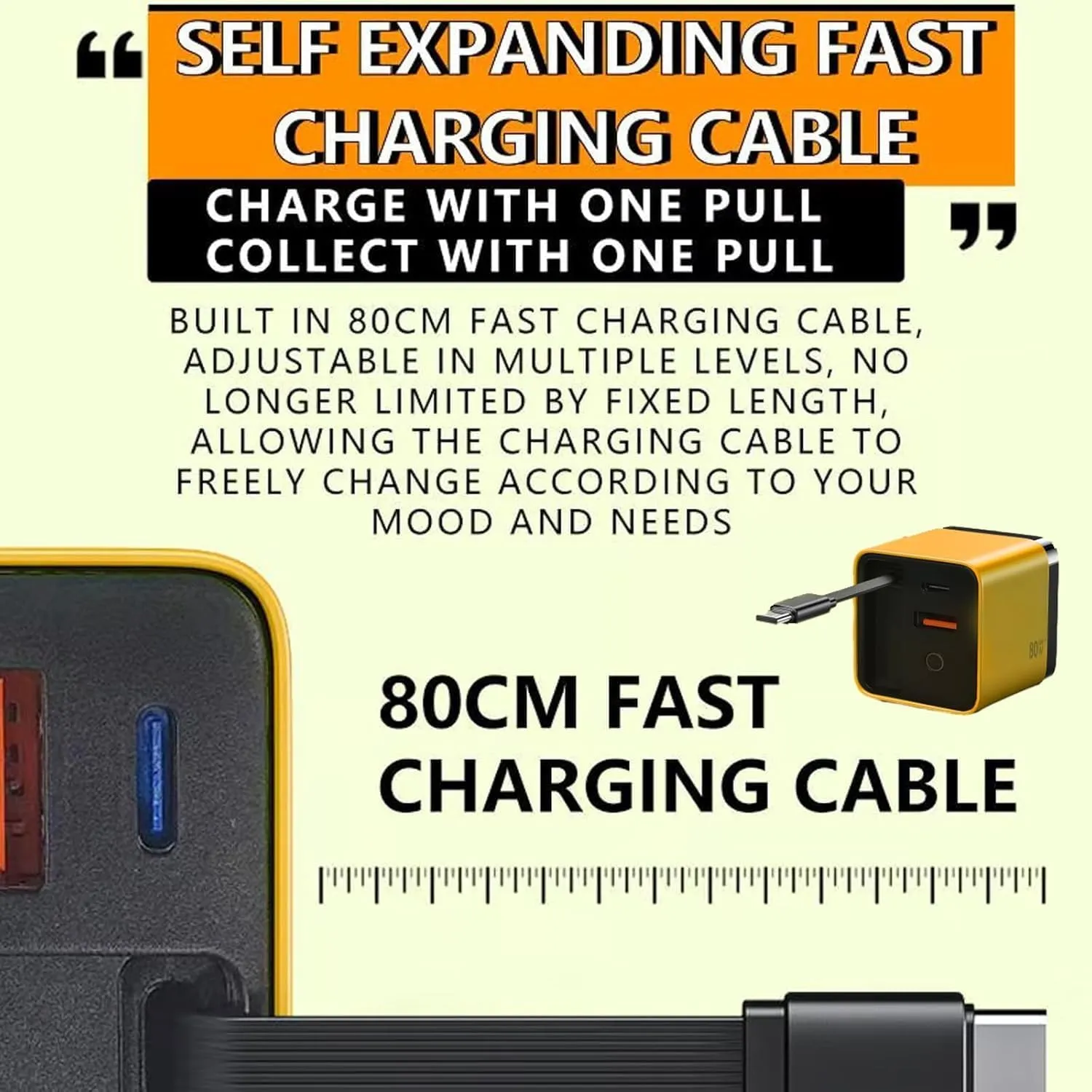 3 in 1 Gan Charger,Scalable 80w Max Fast Charger Module with Type-C Cable and 2 USB Ports, Retractable Phone Charger Wall Plug for iPhone, Phone, Laptops (White and Green)