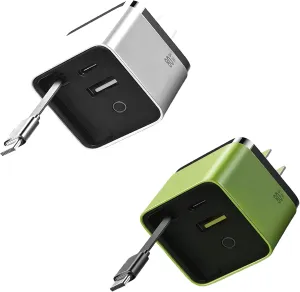 3 in 1 Gan Charger,Scalable 80w Max Fast Charger Module with Type-C Cable and 2 USB Ports, Retractable Phone Charger Wall Plug for iPhone, Phone, Laptops (White and Green)