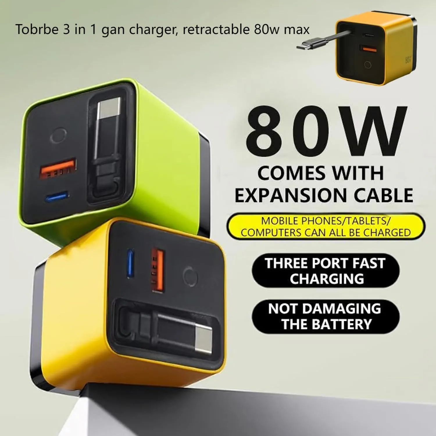 3 in 1 Gan Charger,Scalable 80w Max Fast Charger Module with Type-C Cable and 2 USB Ports, Retractable Phone Charger Wall Plug for iPhone, Phone, Laptops (White and Green)