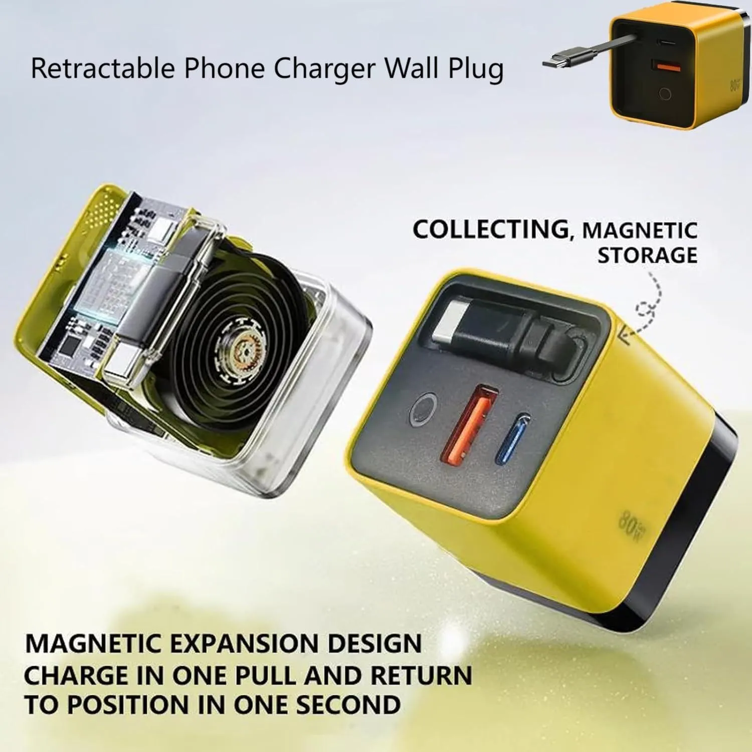 3 in 1 Gan Charger,Scalable 80w Max Fast Charger Module with Type-C Cable and 2 USB Ports, Retractable Phone Charger Wall Plug for iPhone, Phone, Laptops (White and Green)