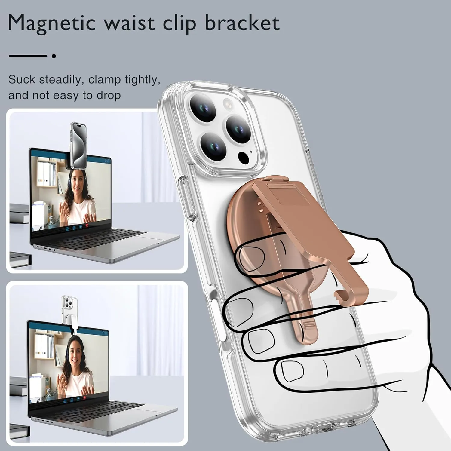 3-in-1 Magnetic Phone Holder for Belt & Bags - Compatible MagSafe Case with Phone Stand & Mirror, Strong Magnet for iPhone 16-12 Pro/Samsung, Hands-Free for Travel/Yoga/Hiking (Rose Gold)