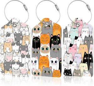 3 Pack Kawaii Cute Cats Luggage Tag for Suitcases Cartoon Cute Cat PU Leather Bag Travel Suitcase ID Identifier Baggage Tags for Women Men Travel