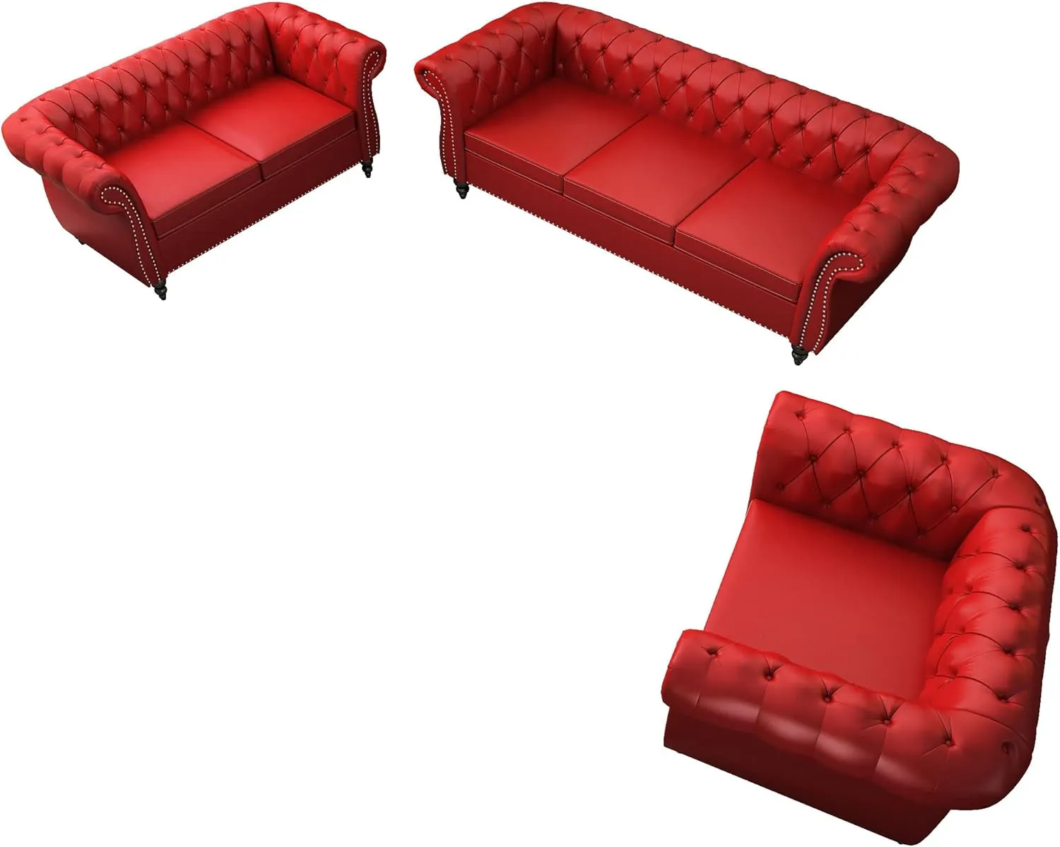 3 Piece Living Room Set, Chesterfield PU Leather Sofa Loveseat Couch Chair with Scroll Arms and Nailhead for Living Room, Office (PU Claret, 1-2-3)