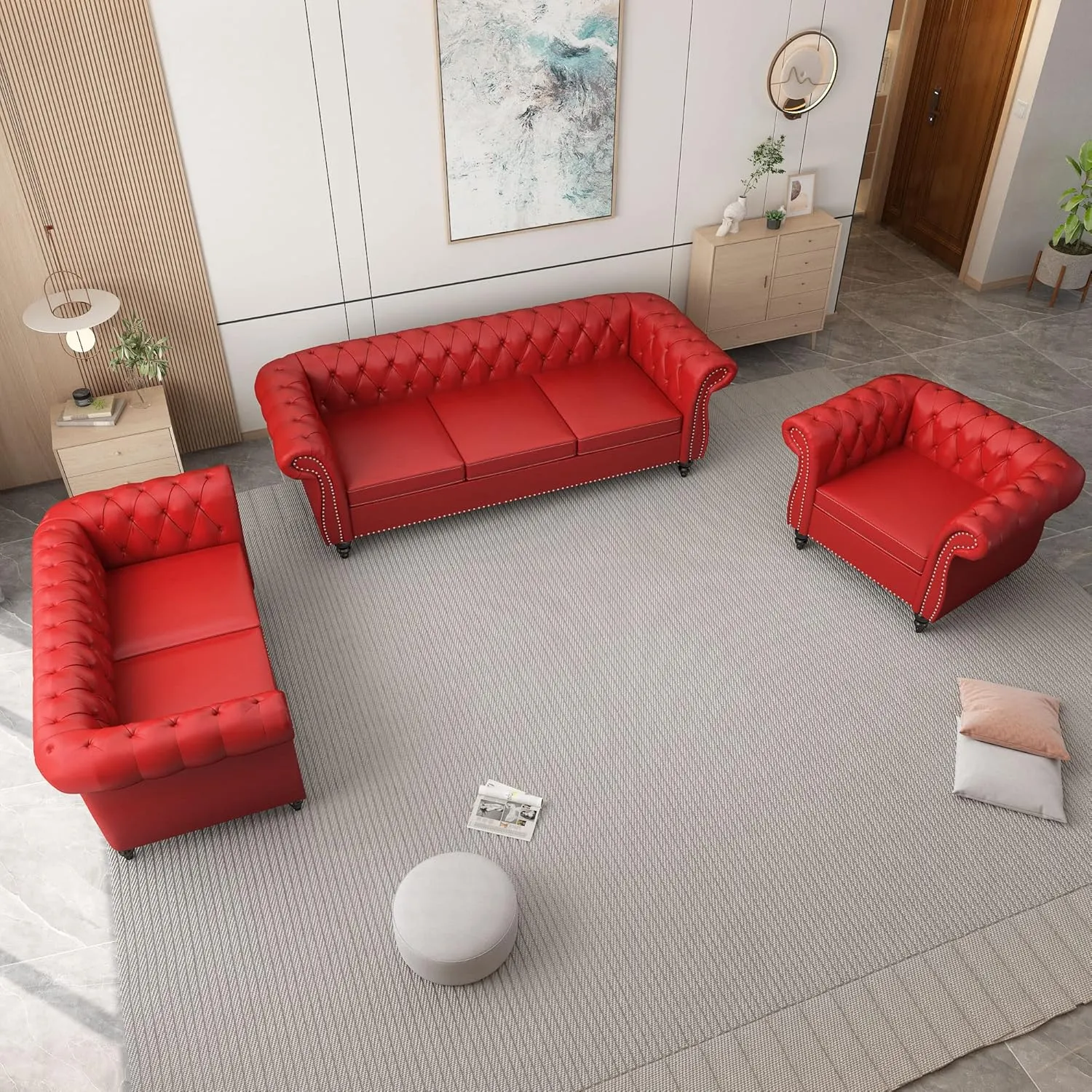 3 Piece Living Room Set, Chesterfield PU Leather Sofa Loveseat Couch Chair with Scroll Arms and Nailhead for Living Room, Office (PU Claret, 1-2-3)