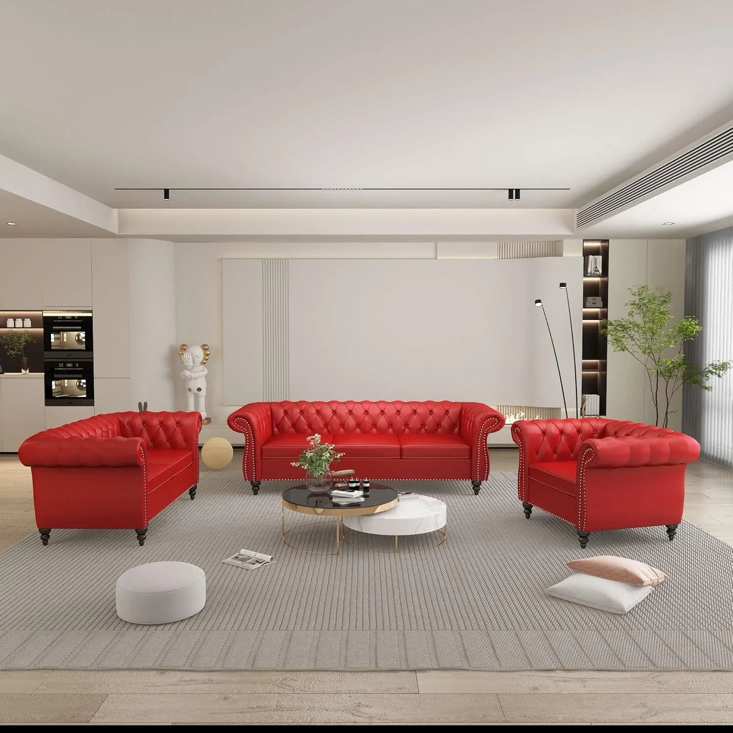 3 Piece Living Room Set, Chesterfield PU Leather Sofa Loveseat Couch Chair with Scroll Arms and Nailhead for Living Room, Office (PU Claret, 1-2-3)