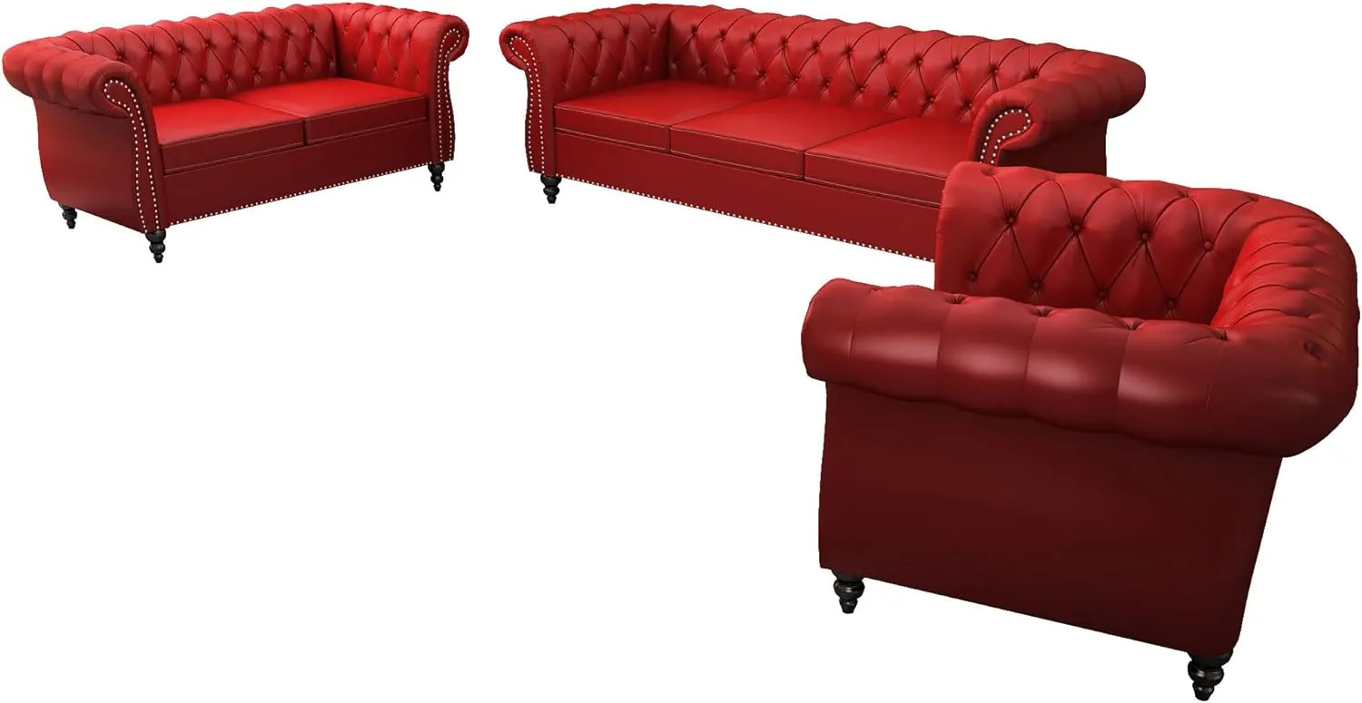 3 Piece Living Room Set, Chesterfield PU Leather Sofa Loveseat Couch Chair with Scroll Arms and Nailhead for Living Room, Office (PU Claret, 1-2-3)