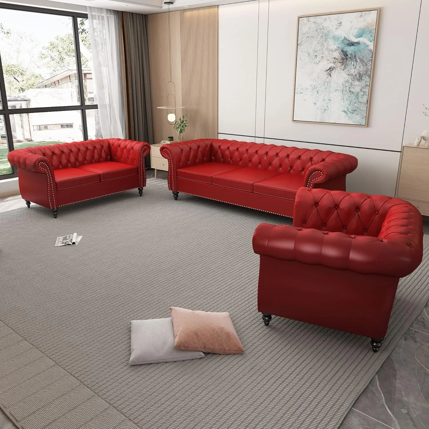 3 Piece Living Room Set, Chesterfield PU Leather Sofa Loveseat Couch Chair with Scroll Arms and Nailhead for Living Room, Office (PU Claret, 1-2-3)