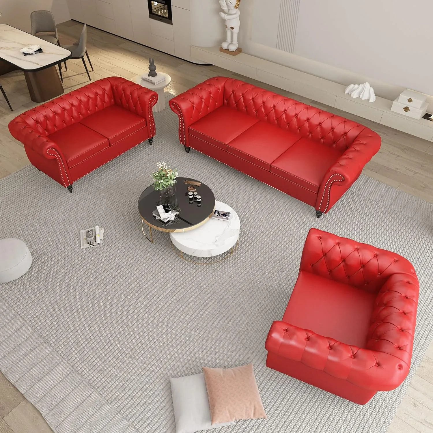 3 Piece Living Room Set, Chesterfield PU Leather Sofa Loveseat Couch Chair with Scroll Arms and Nailhead for Living Room, Office (PU Claret, 1-2-3)