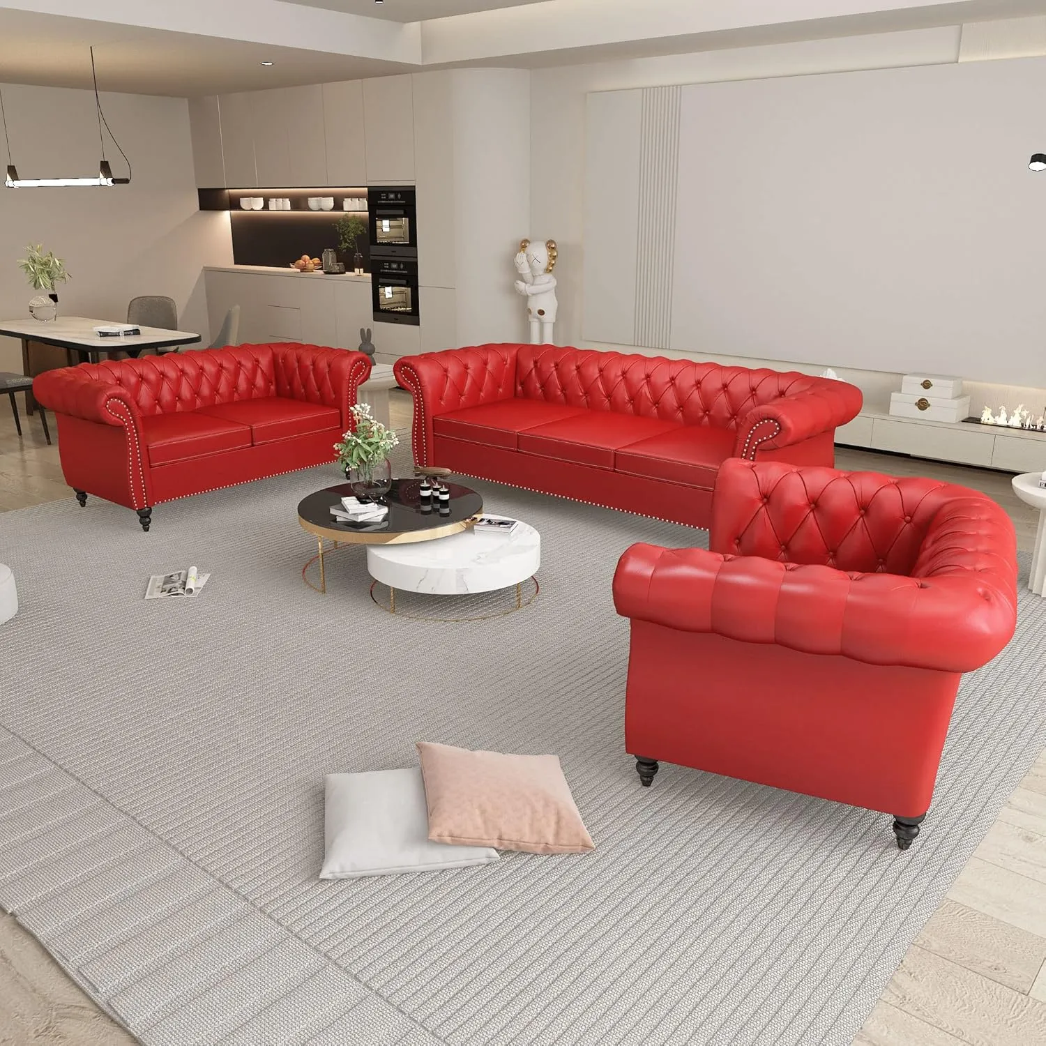 3 Piece Living Room Set, Chesterfield PU Leather Sofa Loveseat Couch Chair with Scroll Arms and Nailhead for Living Room, Office (PU Claret, 1-2-3)
