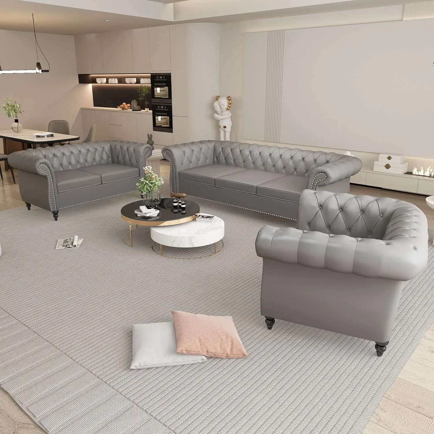 3 Piece Living Room Set, Chesterfield PU Leather Sofa Loveseat Couch Chair with Scroll Arms and Nailhead for Living Room, Office (PU Grey, 1-2-3)