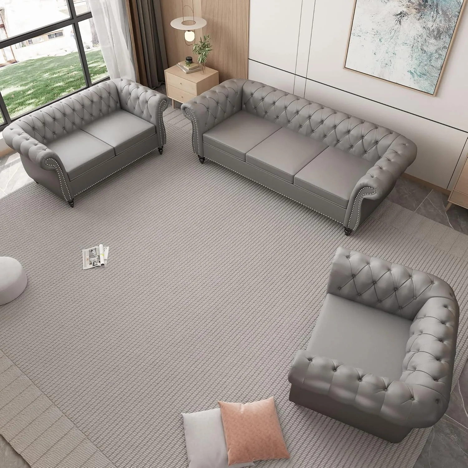 3 Piece Living Room Set, Chesterfield PU Leather Sofa Loveseat Couch Chair with Scroll Arms and Nailhead for Living Room, Office (PU Grey, 1-2-3)