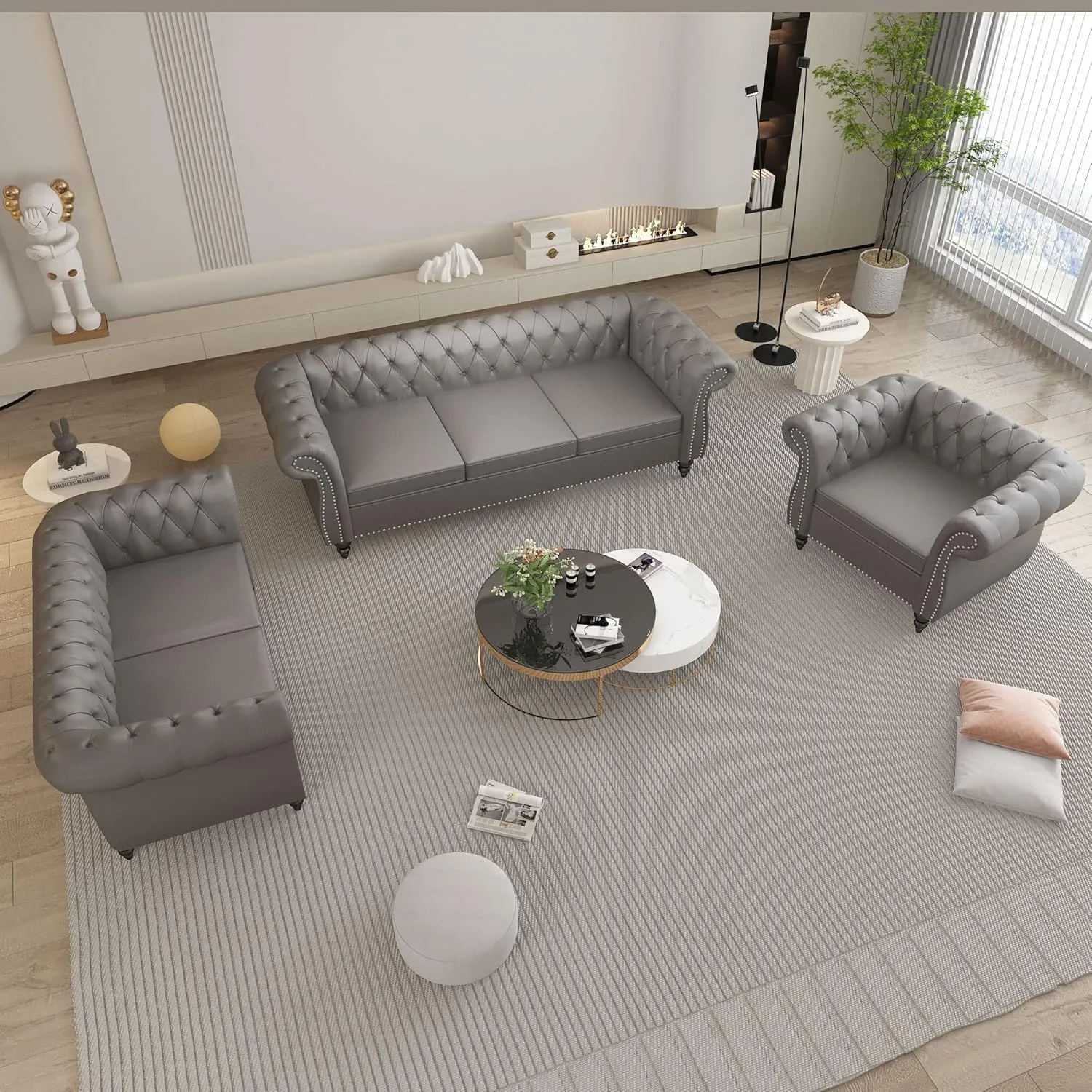 3 Piece Living Room Set, Chesterfield PU Leather Sofa Loveseat Couch Chair with Scroll Arms and Nailhead for Living Room, Office (PU Grey, 1-2-3)