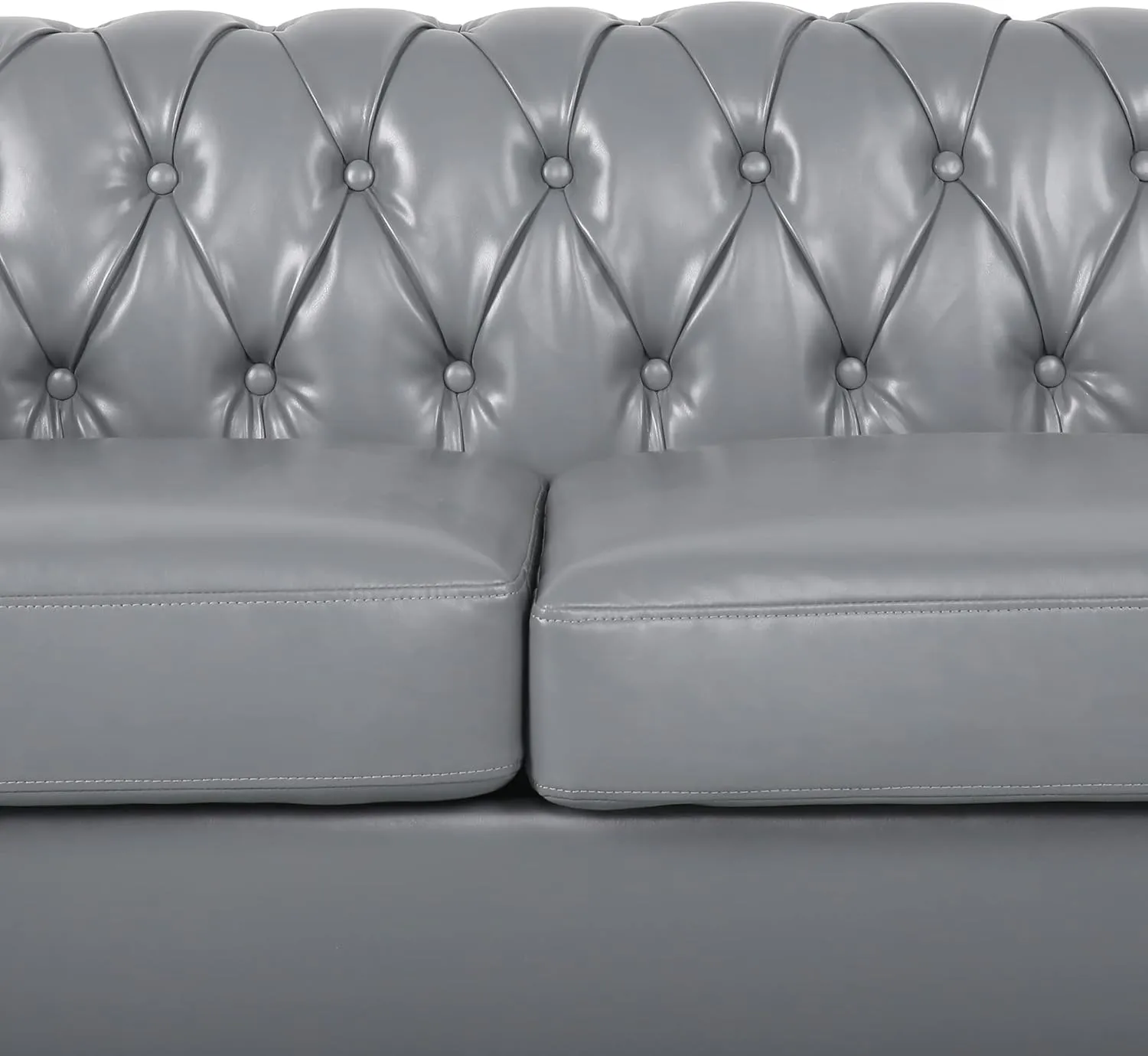 3 Piece Living Room Set, Chesterfield PU Leather Sofa Loveseat Couch Chair with Scroll Arms and Nailhead for Living Room, Office (PU Grey, 1-2-3)