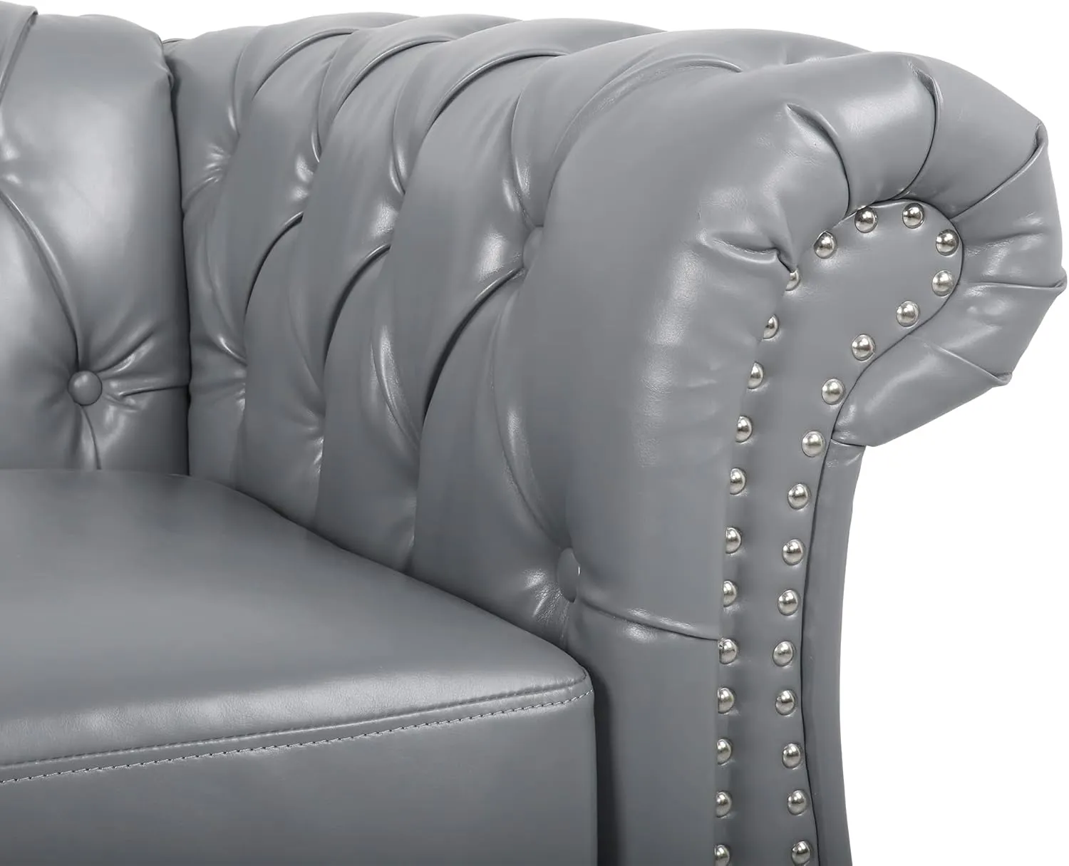 3 Piece Living Room Set, Chesterfield PU Leather Sofa Loveseat Couch Chair with Scroll Arms and Nailhead for Living Room, Office (PU Grey, 1-2-3)