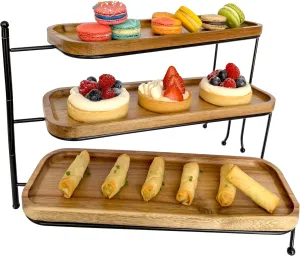 3 Tiered Serving Trays & Platters, Acacia Wooden Food Display Stand, Rotatable Rectangle Trays with Metal Stand for Appetizer, Charcuterie Boards, Dessert Display and Events