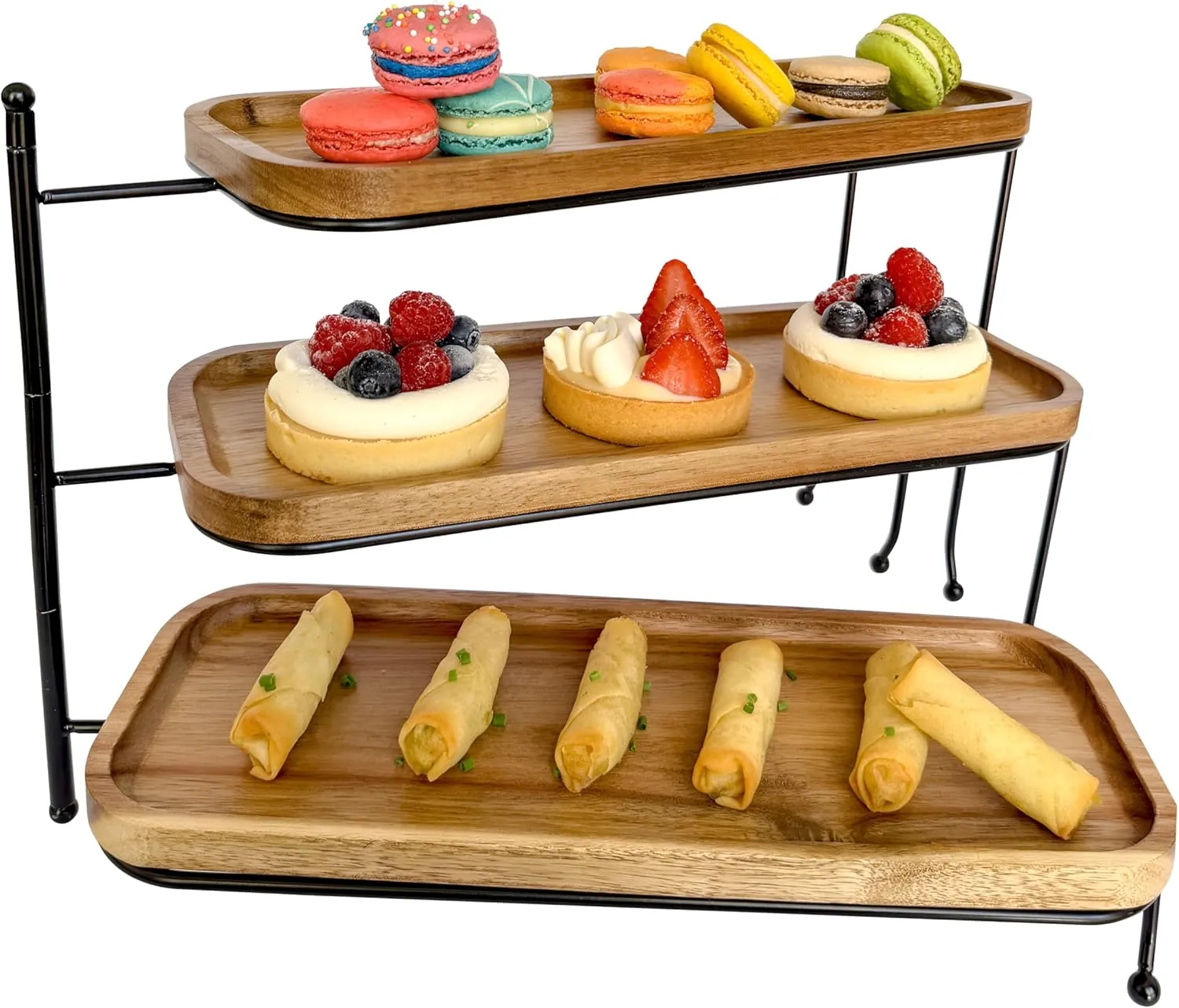 3 Tiered Serving Trays & Platters, Acacia Wooden Food Display Stand, Rotatable Rectangle Trays with Metal Stand for Appetizer, Charcuterie Boards, Dessert Display and Events