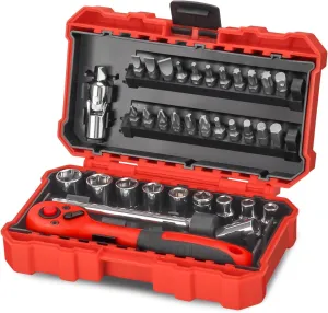 35 Pieces 1/4 inch Drive Socket Ratchet Wrench Set, Mini Ratcheting Wrench with Bit Socket Set Metric and Extension Bar for Auto Repairing