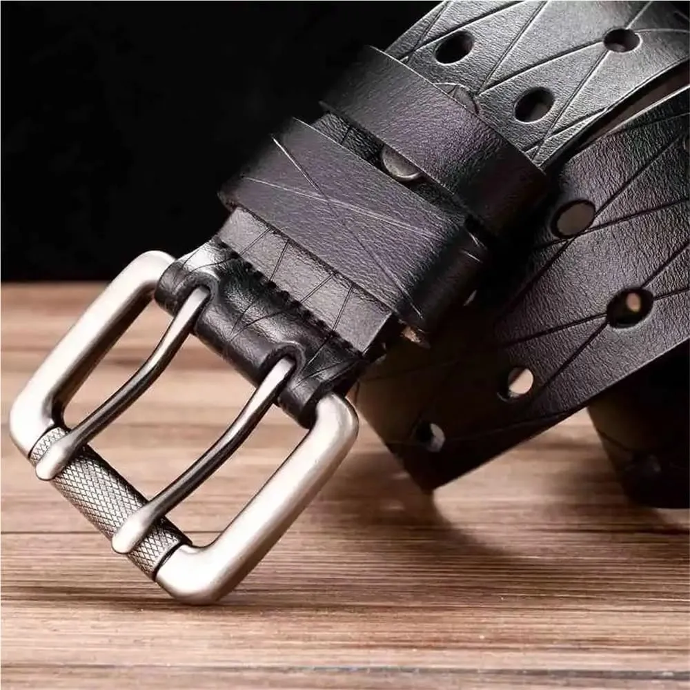 3.8CM Men's Leather Double Needle Buckle Classic Tow Row Hole Jeans Belt