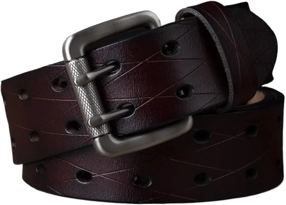 3.8CM Men's Leather Double Needle Buckle Classic Tow Row Hole Jeans Belt