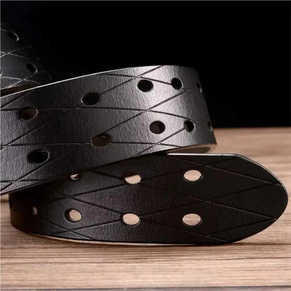 3.8CM Men's Leather Double Needle Buckle Classic Tow Row Hole Jeans Belt