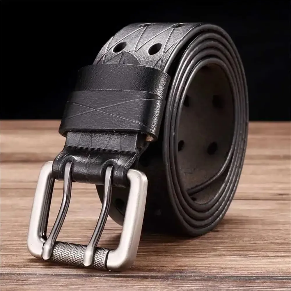 3.8CM Men's Leather Double Needle Buckle Classic Tow Row Hole Jeans Belt