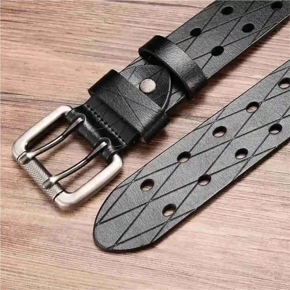 3.8CM Men's Leather Double Needle Buckle Classic Tow Row Hole Jeans Belt