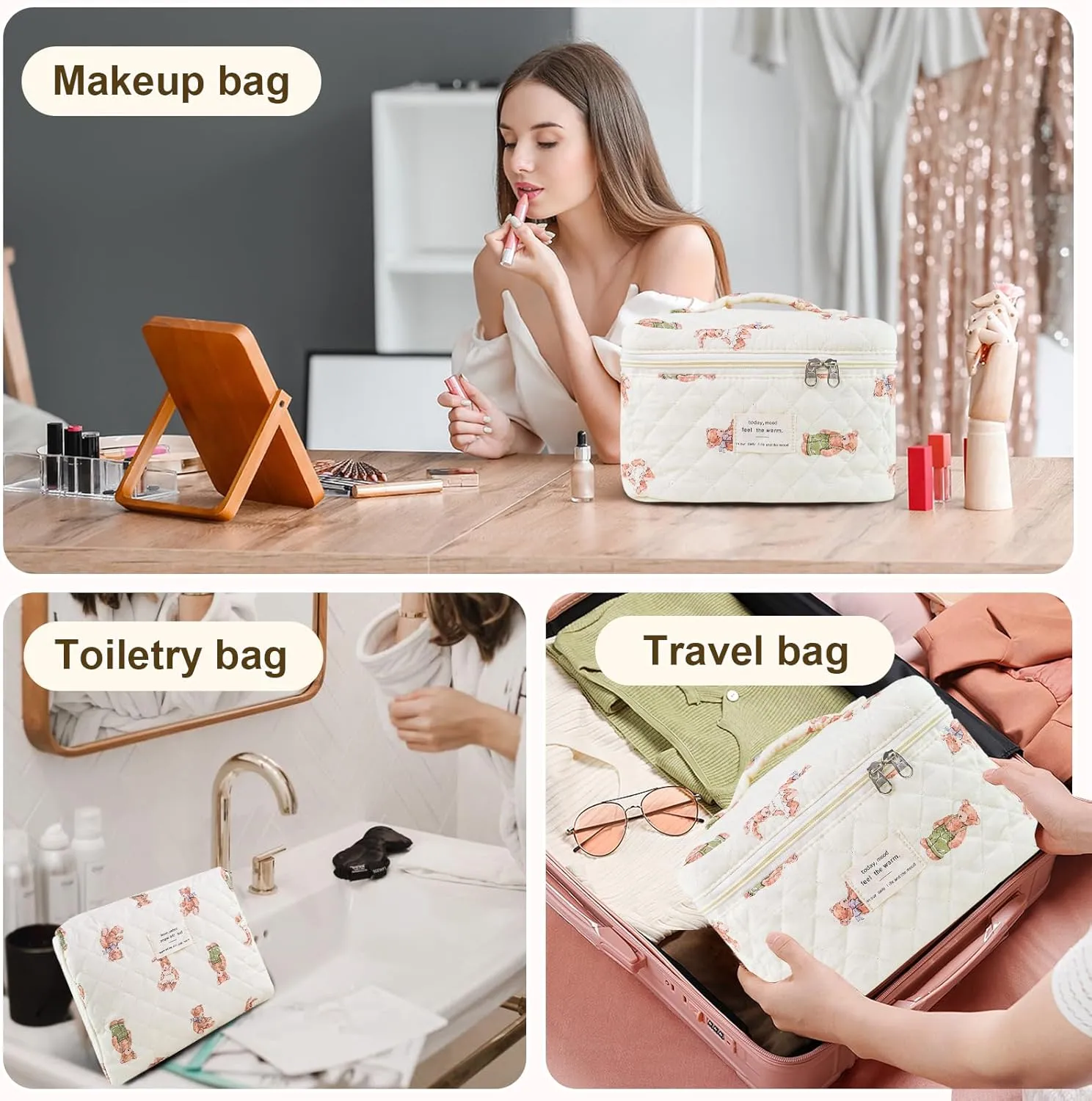 3Pcs Makeup Bag Cotton Quilted Travel Cosmetic Bag Cute Floral Makeup Pouch Large Toiletry Bag for Women Girls