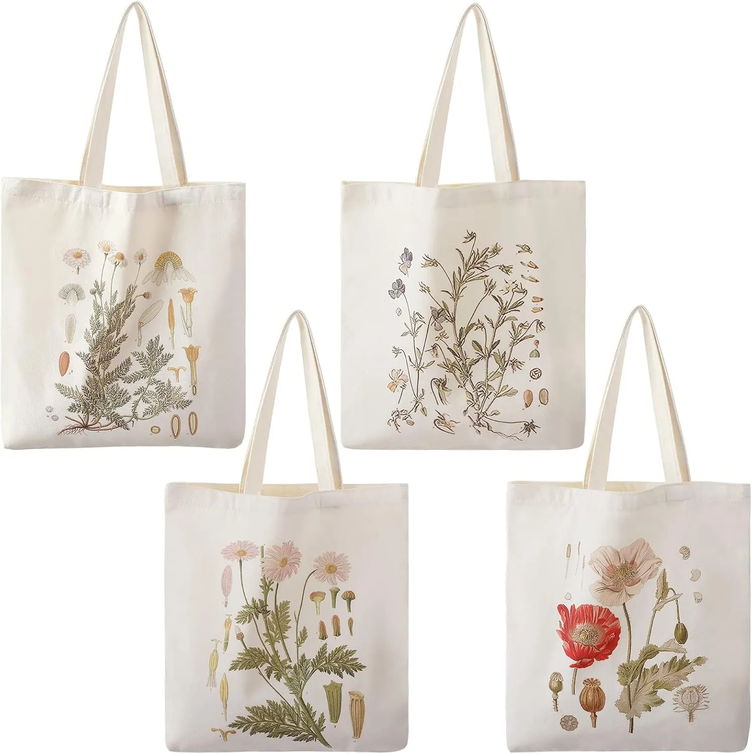 4 Pieces Floral Canvas Tote Bag for Women Flower Reusable Grocery Shopping Bag Aesthetic for Christmas Gift