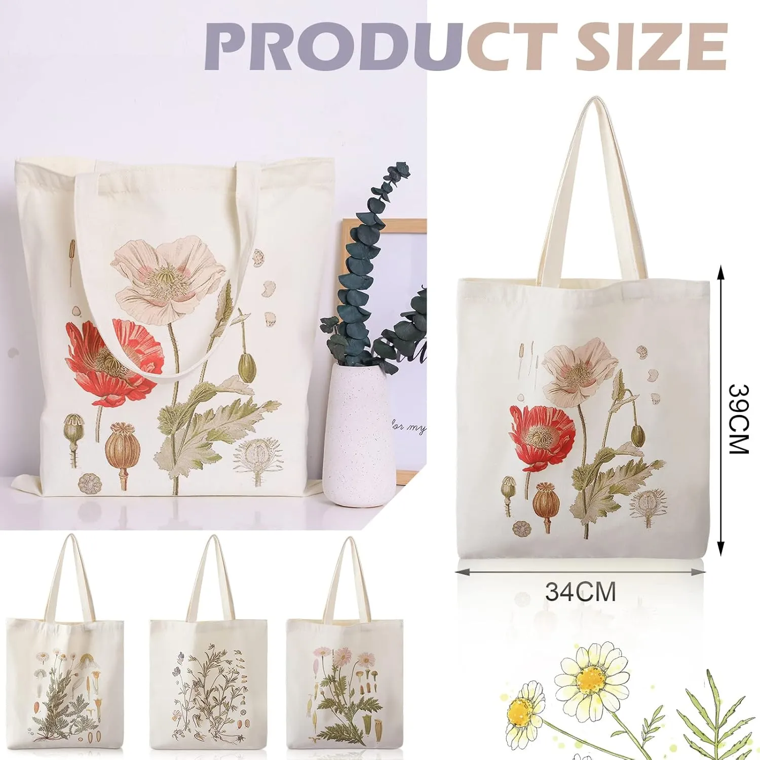 4 Pieces Floral Canvas Tote Bag for Women Flower Reusable Grocery Shopping Bag Aesthetic for Christmas Gift